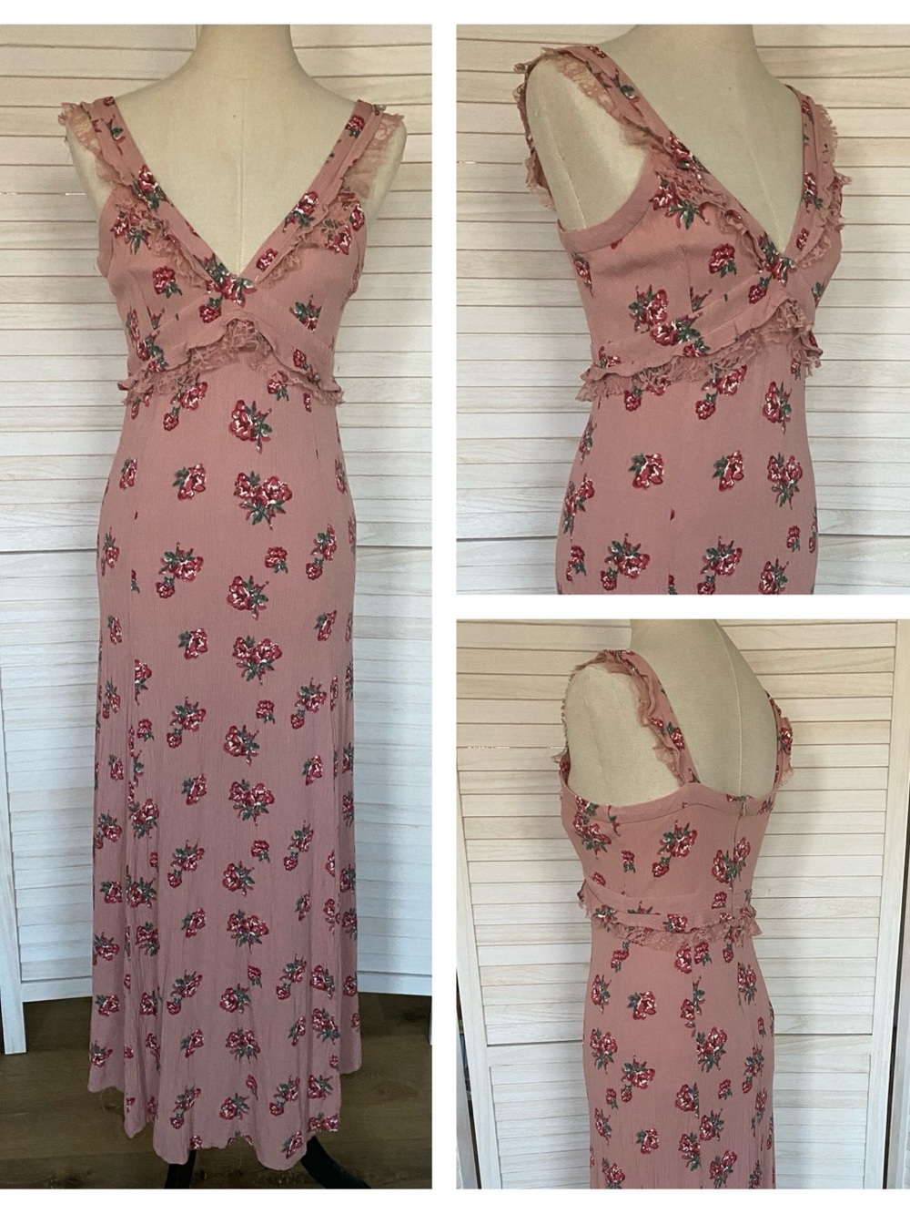 Very J Dusty Pink Floral Ruffle Side Slit Maxi Dress SZ M